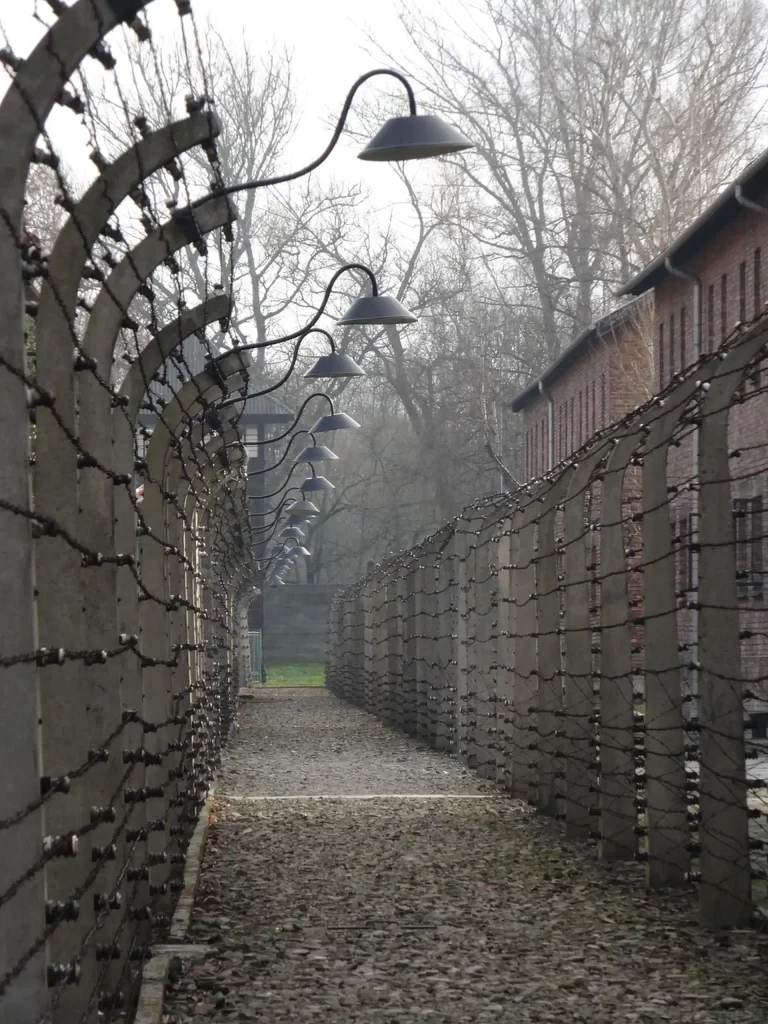Winter snow on barrack rooftops at Auschwitz