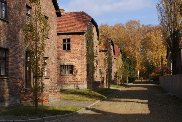 Gravel walking path between barracks at Auschwitz, empty