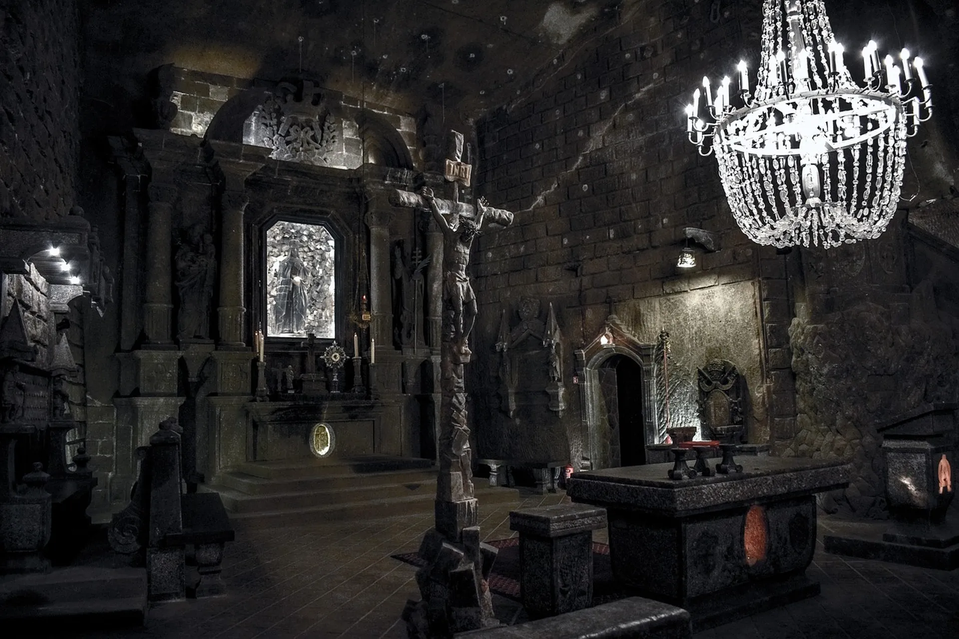 Carved salt relief detail, Wieliczka Salt Mine walls