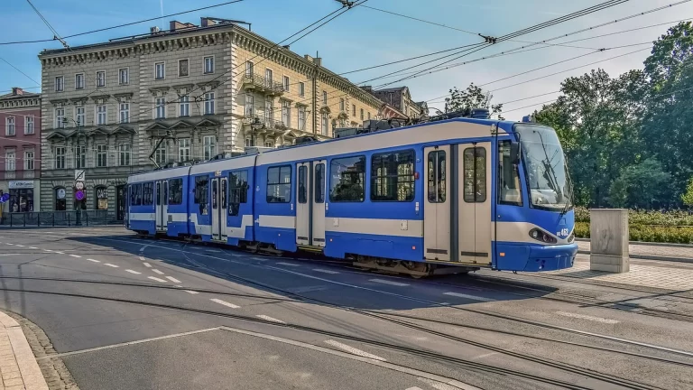 Krakow tram on a city street, daytime