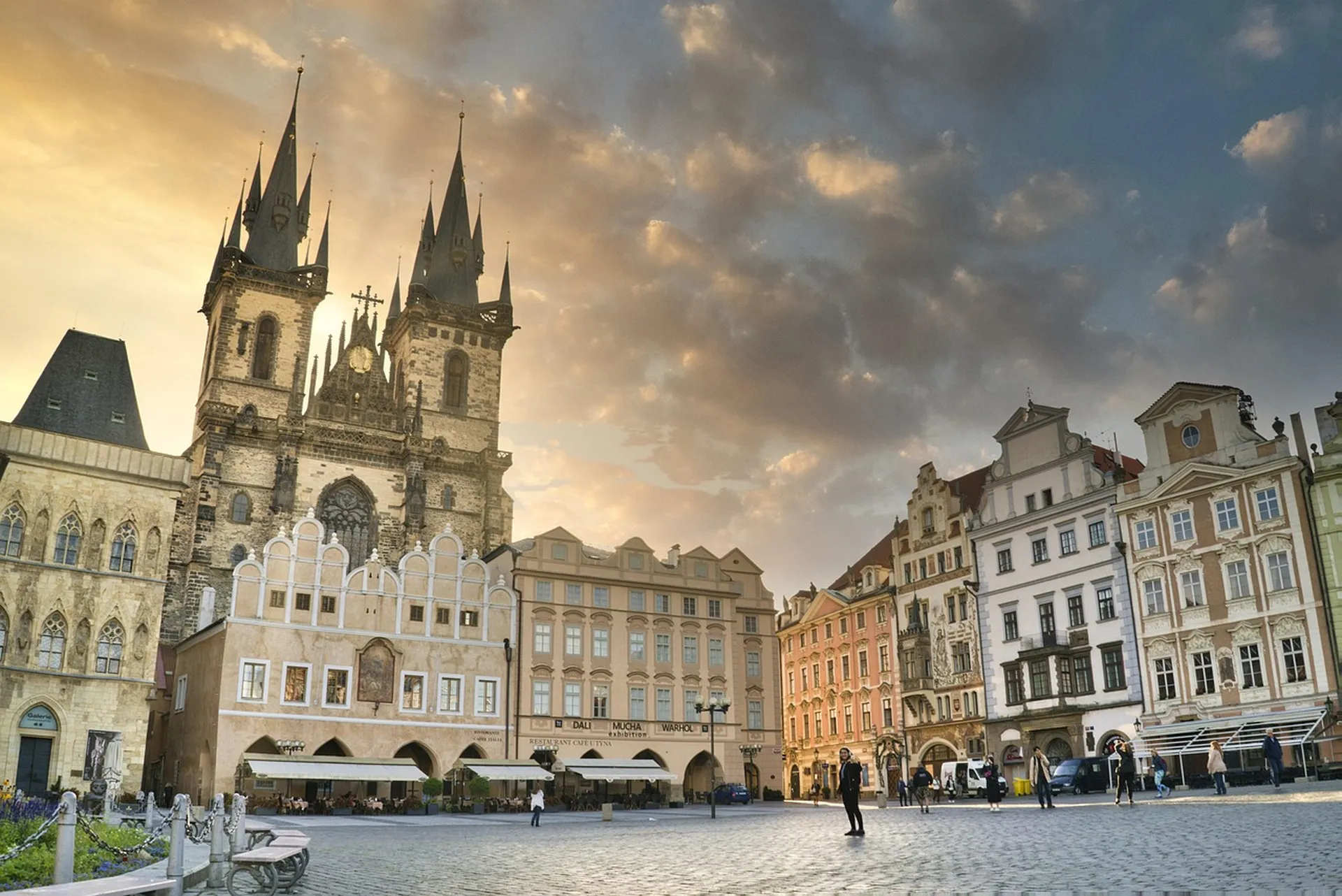 Prague Old Town Square and astronomical clock, wide shot