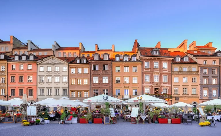 Warsaw rebuilt Old Town square, colourful facades